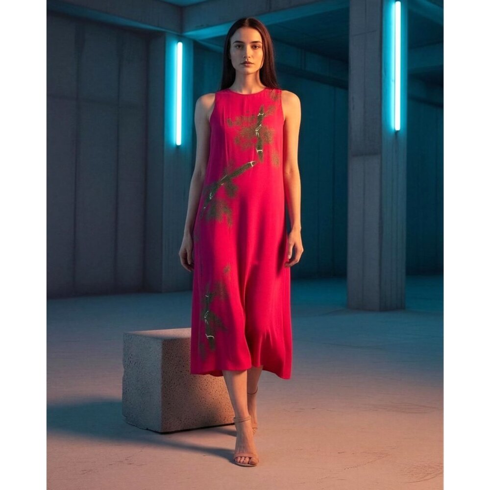 Crazy Fish Women's Sleeveless Magenta Dress With Green Leaf Print Relaxed Fit